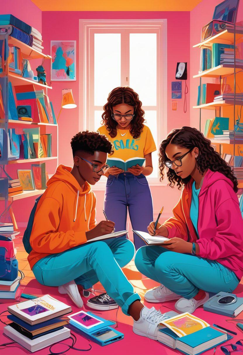 A diverse group of energetic teenagers, engaged in fun yet meaningful activities like journaling, trying on trendy outfits, and exploring new hobbies. The backdrop includes colorful gadgets, books, and posters, reflecting today's youth culture vibe. The image should have vibrant colors, a youthful and motivational atmosphere, and a modern design that resonates with the ever-evolving teen trends. vector art. vibrant colors. modern aesthetic.