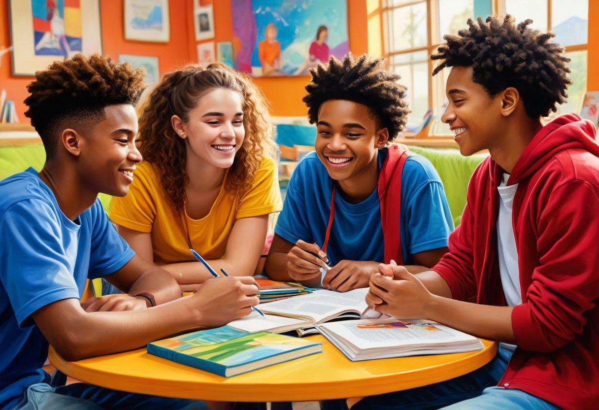 A vibrant scene showing diverse teenagers in a supportive community, engaging in various activities like talking, studying, and having fun. Include elements such as a warm, inviting environment, symbols of support like books and art, and expressive emotions on faces. Incorporate a background of a cozy, modern youth center. painting. vibrant colors.