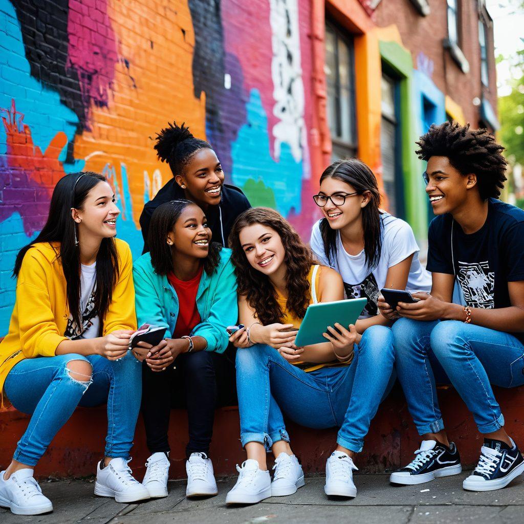A diverse group of teenagers engaged in various activities like talking, laughing, and sharing stories, set against a colorful urban backdrop. Each teen should be depicted with distinct features and expressions, showcasing the vibrancy and diversity of the teen community. Include elements like notebooks, smartphones, and urban street art to capture the essence of their dynamic lives. super-realistic. vibrant colors. urban background.